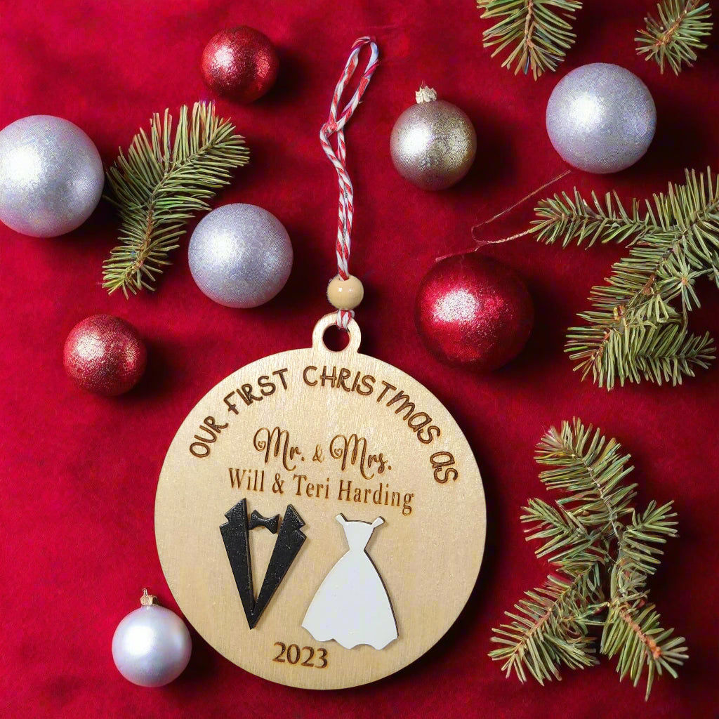 Our first christmas as mr. and mrs. holiday ornament.