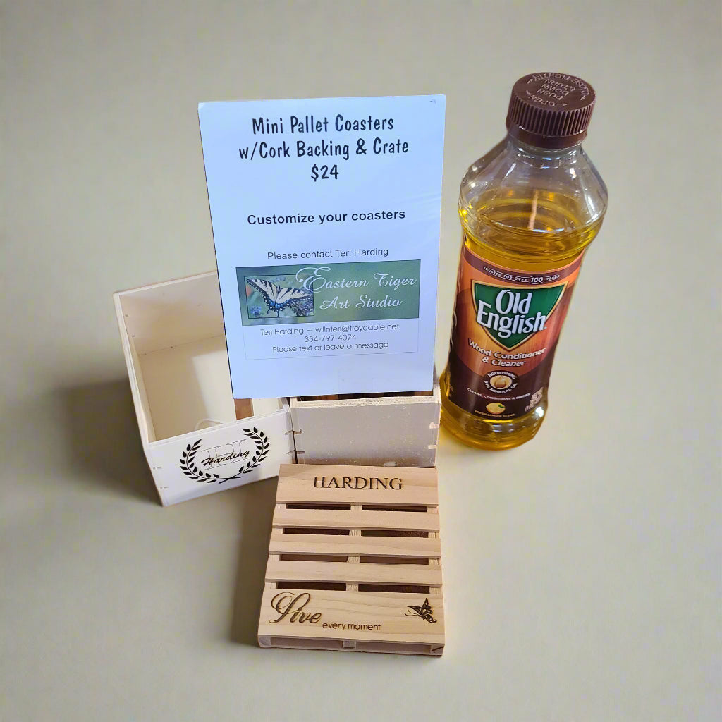 mini pallet coaster with cork backing and crate with old English wood conditioner and cleaner.