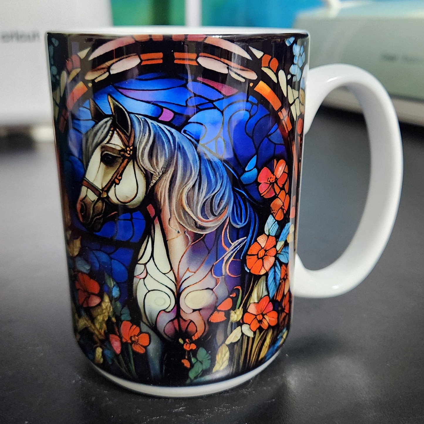 White horse on a stained glass window sublimated 15oz mug