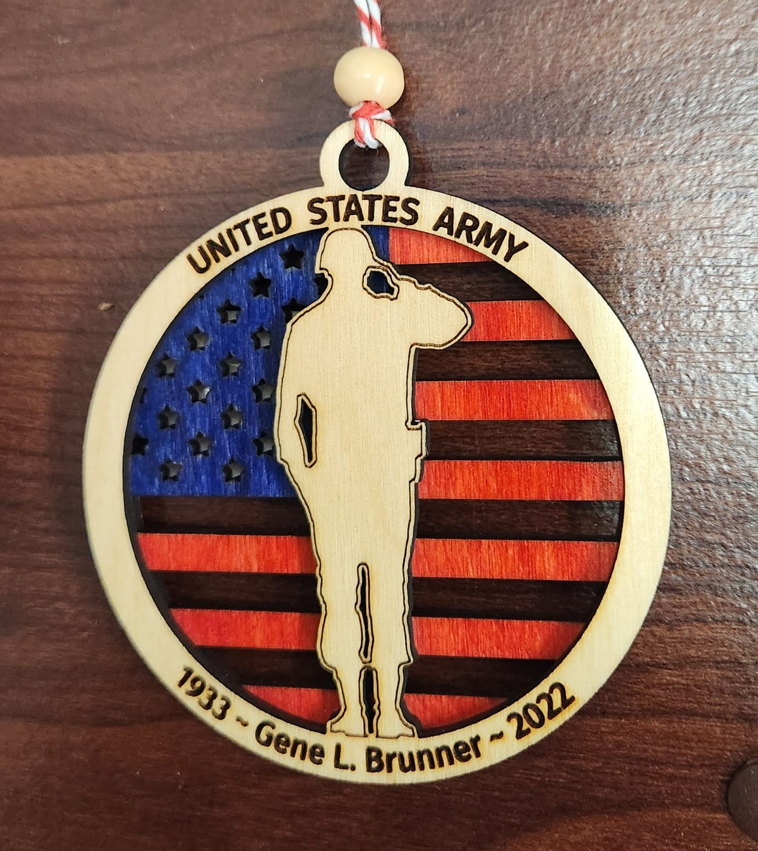 united states army - year - name - passing date - loving memory ornament with flag and soldier.