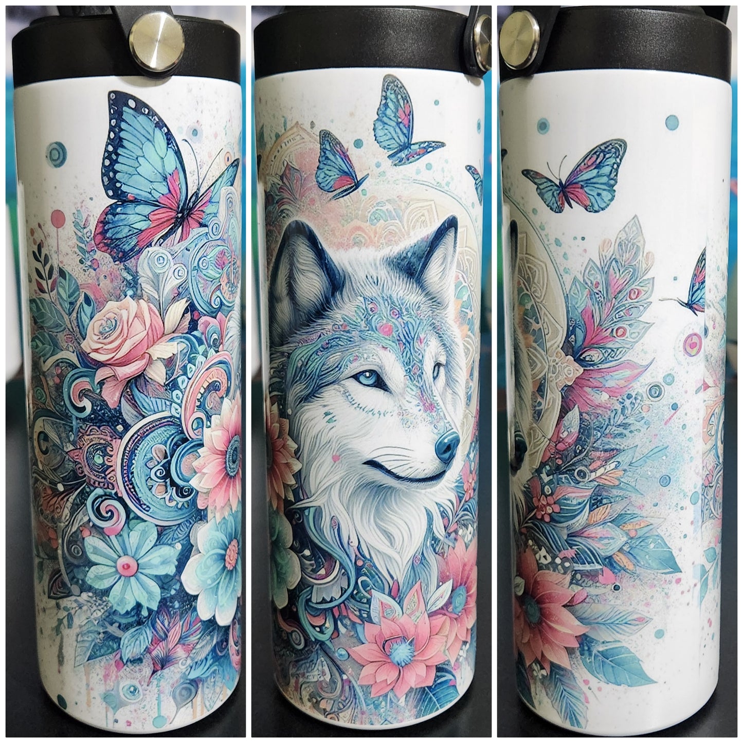 blue and pink butterflies and flowers surrounding a wolf
