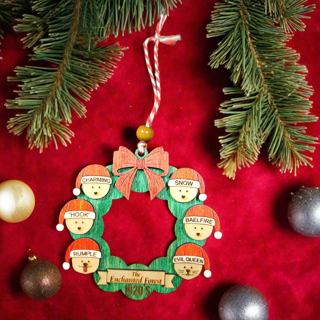wreath ornament with members of the enchanted forest mentioned.