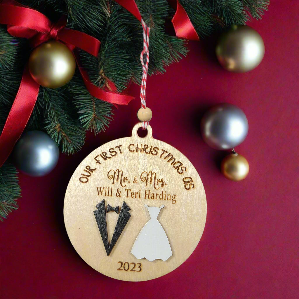 ornament with the text 'Our first Christmas as mr. and Mrs.'