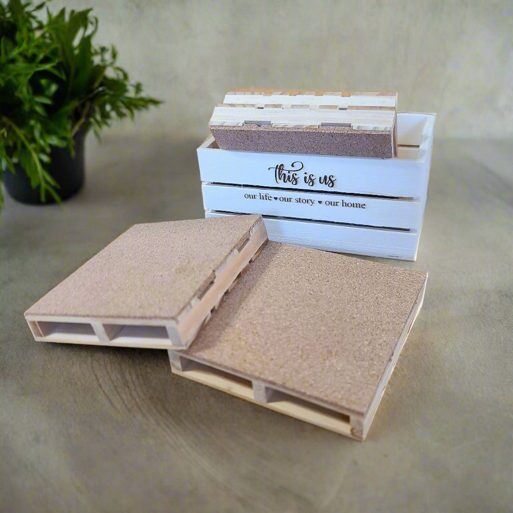 A crate with coasters around the crate.