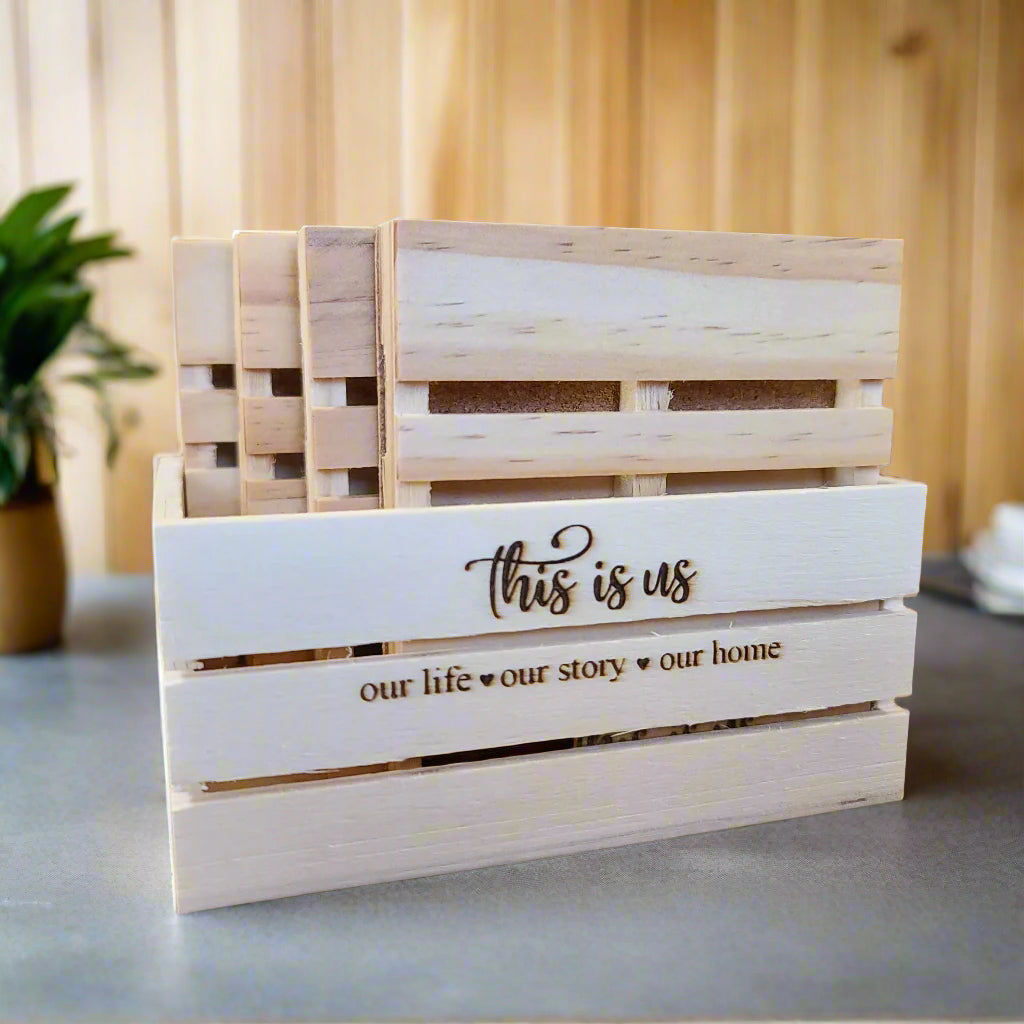 wood crate with pallet coasters inside with cork backing