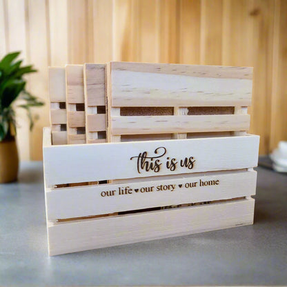 wood crate with pallet coasters inside with cork backing