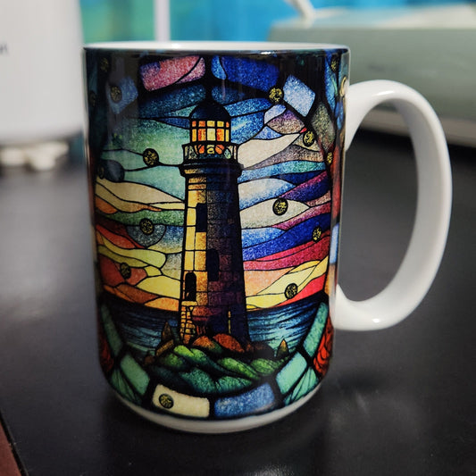 stained glass lighthouse window large 15oz sublimated mug