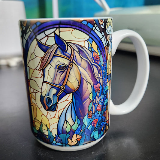 White horse on a stained glass window sublimated 15oz mug