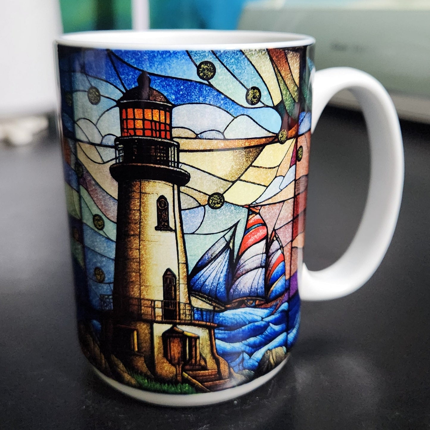 stained glass lighthouse and ship window large 15oz sublimated mug