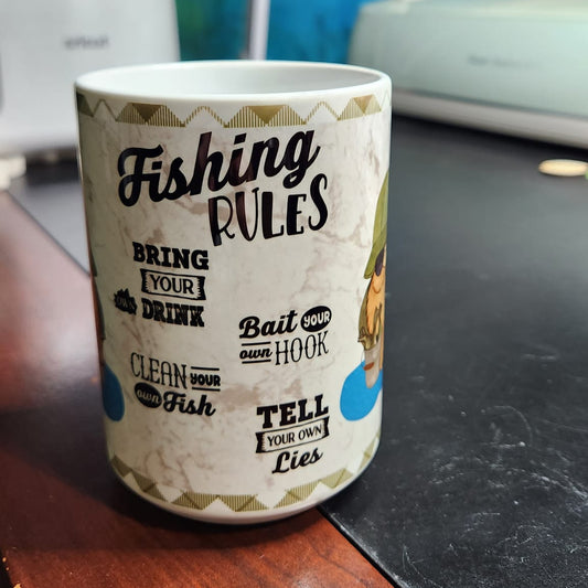 Fishing rules gnome 15oz sublimated mug - dishwasher and microwave safe