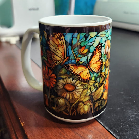 Butterflies stained glass sublimated 15oz mug