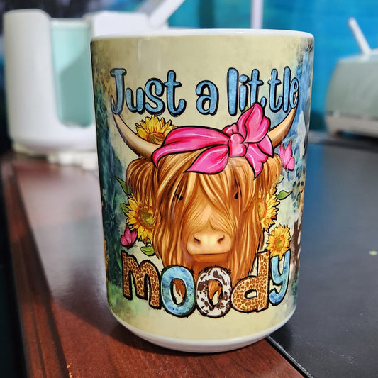 Just a little moody highland cow sublimated 15oz mug. Dishwasher and microwave safe mug.
