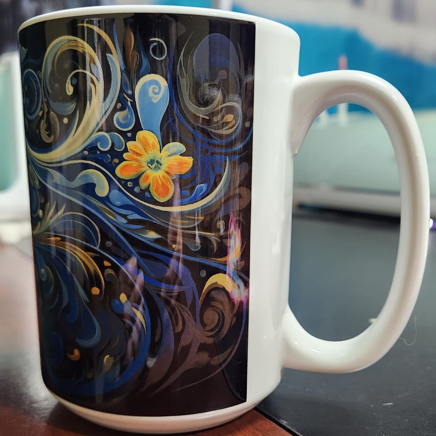 3D Cat abstract orange cat with blue eyes sublimated 15oz mug - dishwasher and microwave safe