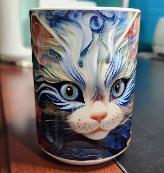 3d cat blue abstract sublimated 15oz mug - dishwasher and microwave safe.