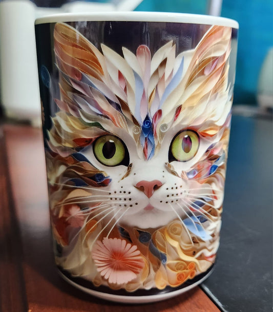 3d cat pink abstract sublimated 15oz mug - dishwasher and microwave safe.