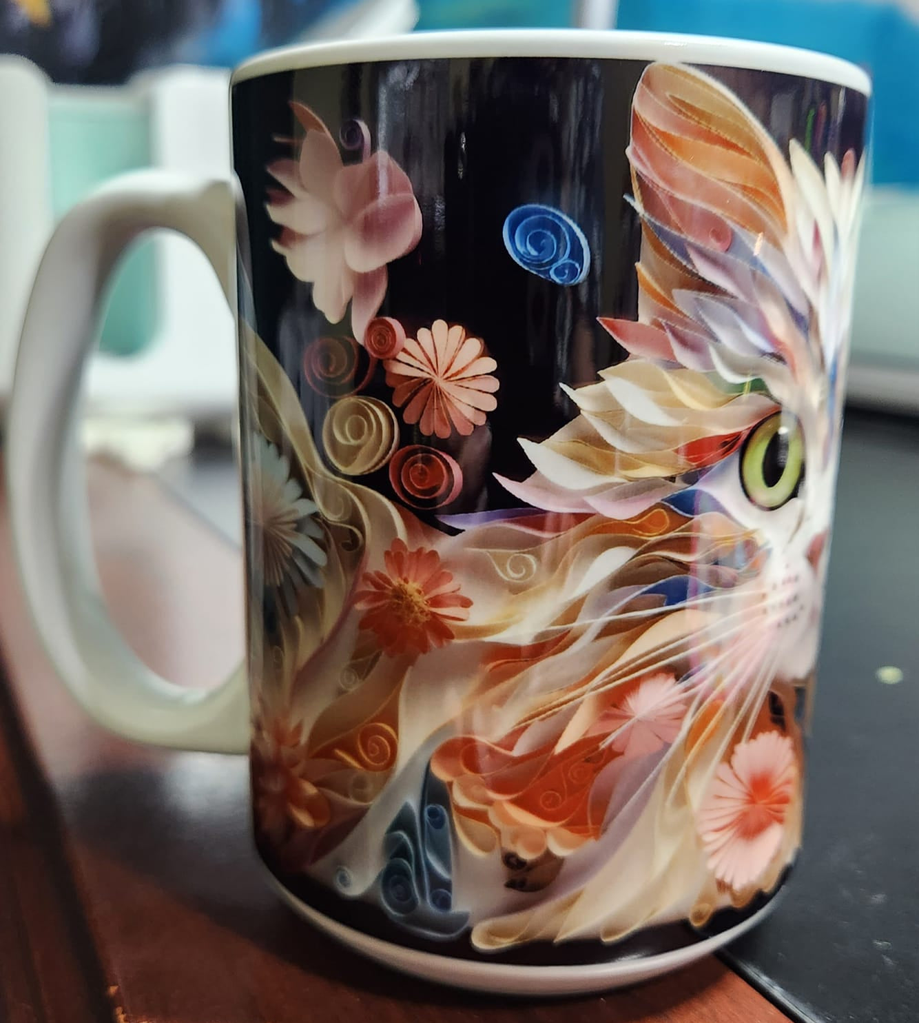 3d cat pink abstract sublimated 15oz mug - dishwasher and microwave safe.