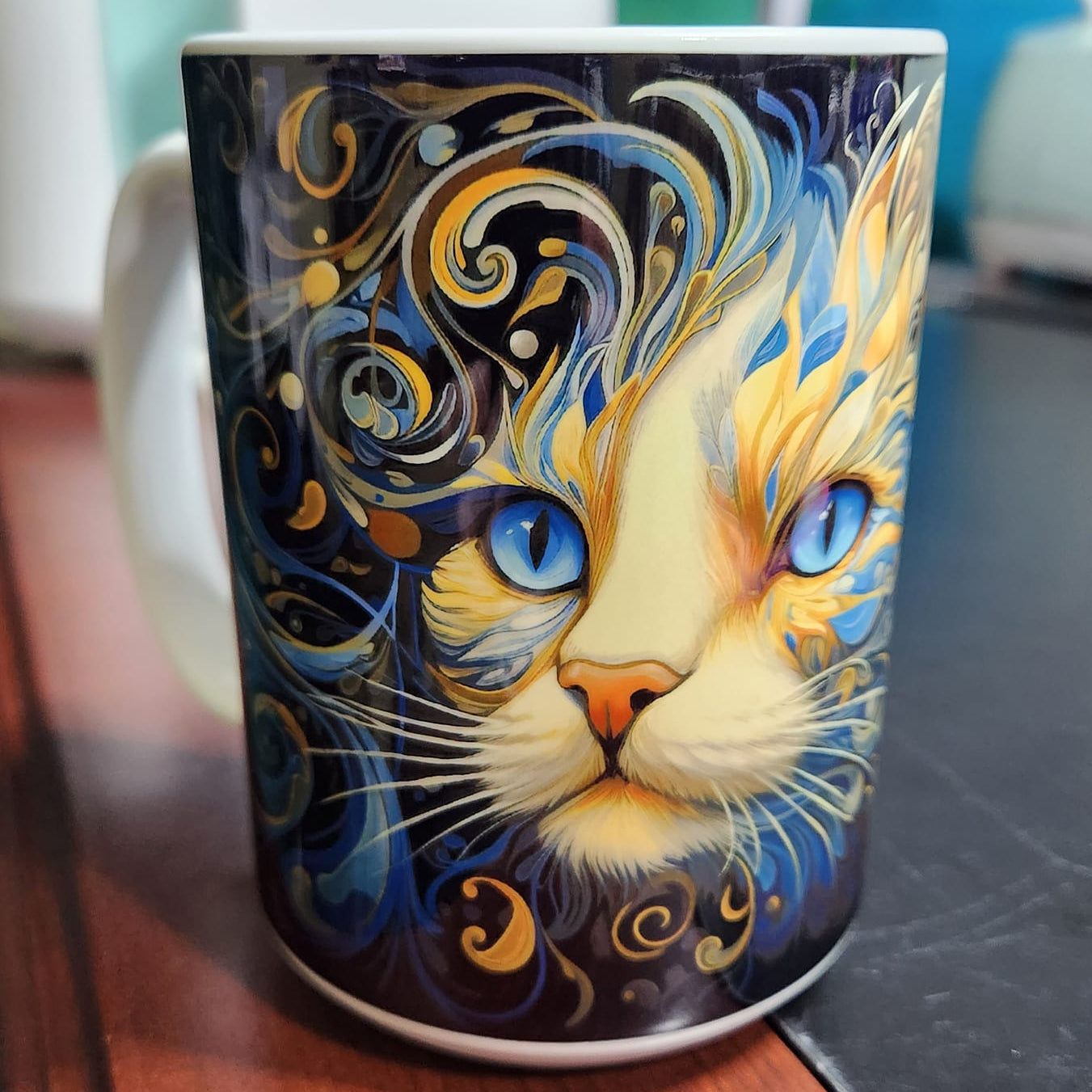 3D Cat abstract orange cat with blue eyes sublimated 15oz mug - dishwasher and microwave safe