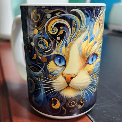 3D Cat abstract orange cat with blue eyes sublimated 15oz mug - dishwasher and microwave safe