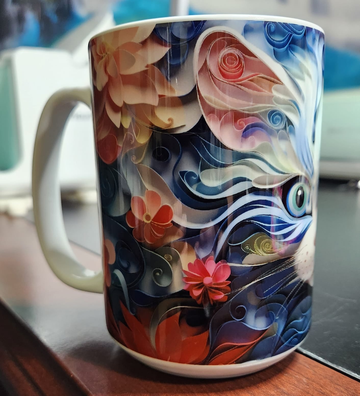 3d cat blue abstract sublimated 15oz mug - dishwasher and microwave safe.