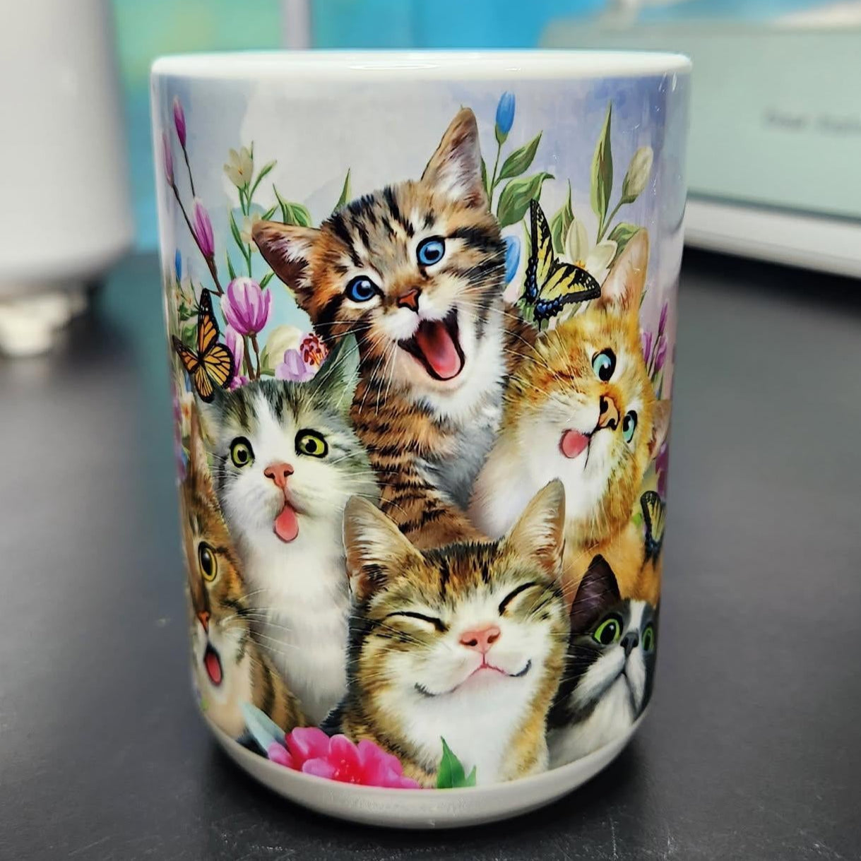 6 cats with funny faces, butterflies, and blue skies