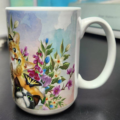 butterflies, flowers, cats with funny faces, and a blue sky