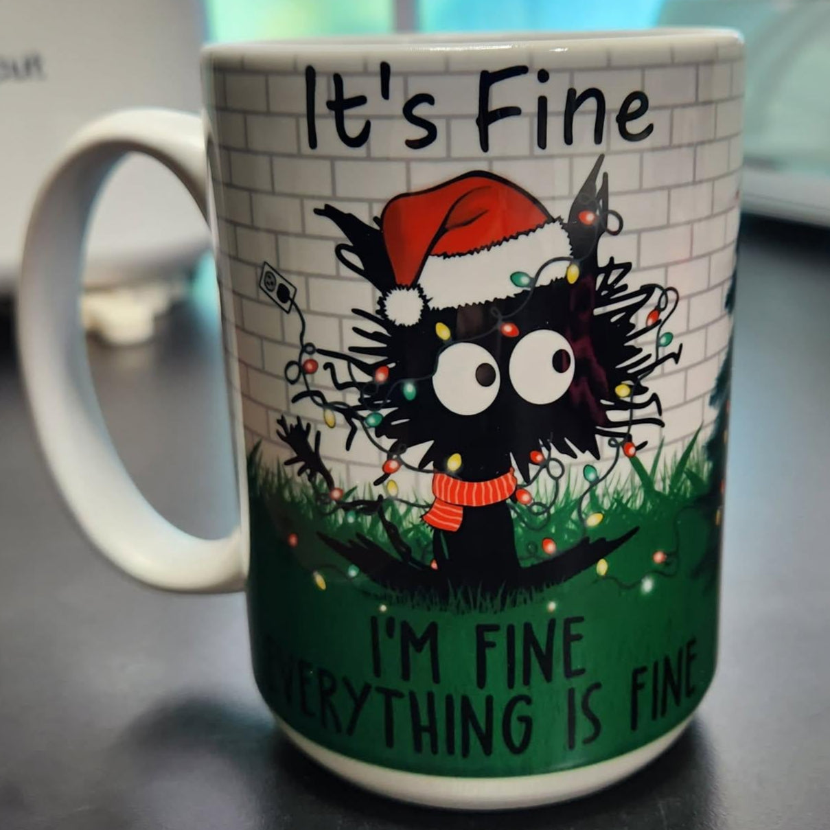 Frazzled cat with text 'its fine Im fine everything is fine' sublimated mug 15 oz dishwasher and microwave safe