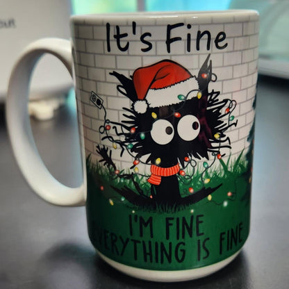 Frazzled cat with text 'its fine Im fine everything is fine' sublimated mug 15 oz dishwasher and microwave safe