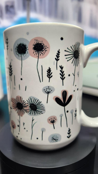 Mug with floral design on a dark surface