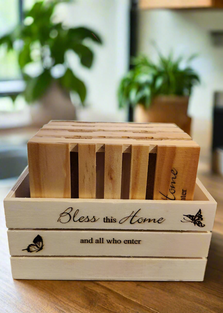 a crate with pallet coasters inside
