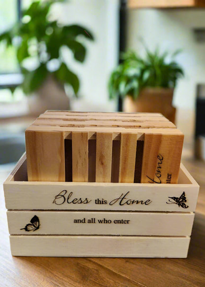 a crate with pallet coasters inside