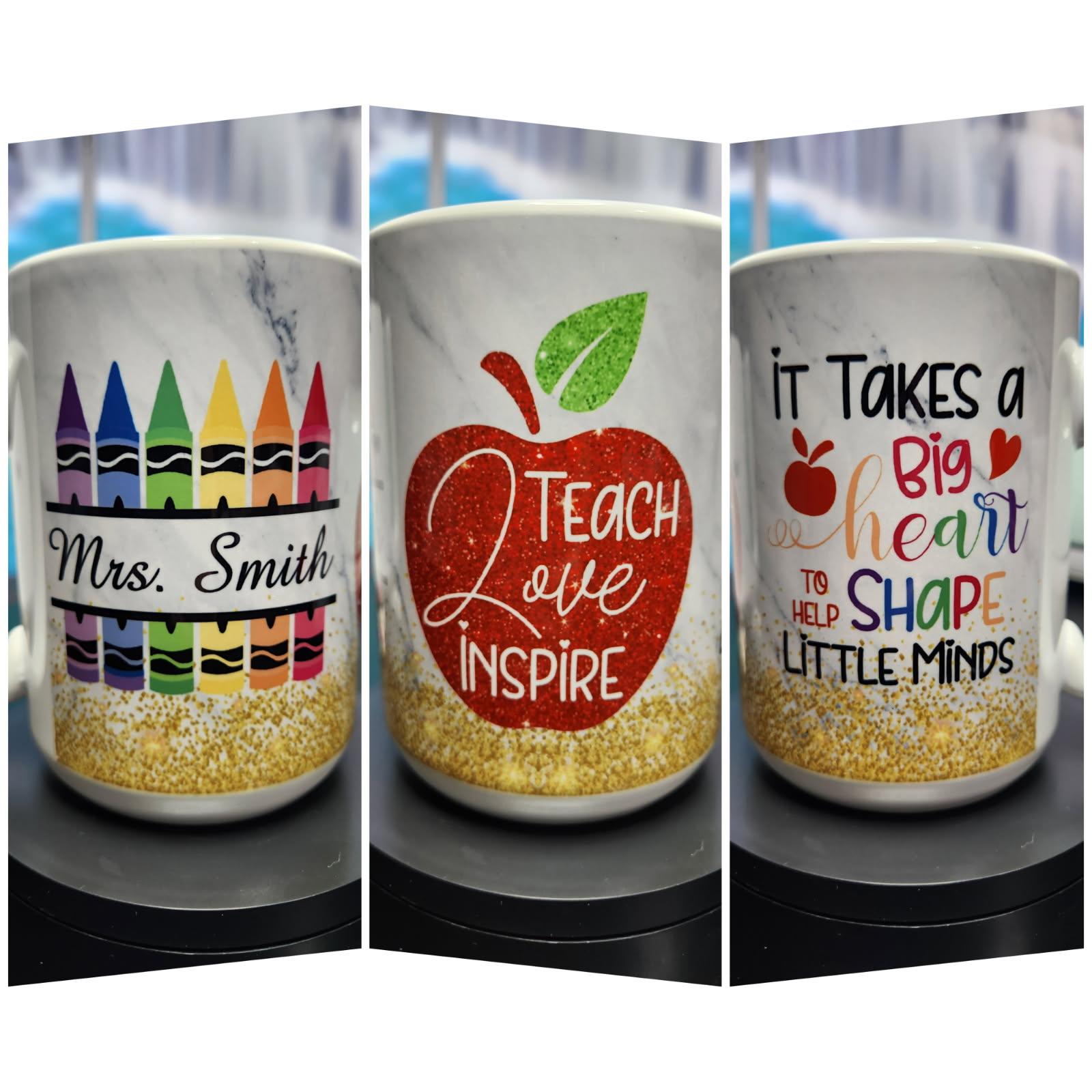 Three mugs with educational-themed designs and text on a white background