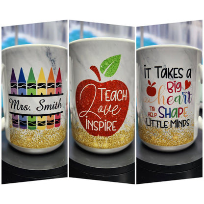 Three mugs with educational-themed designs and text on a white background