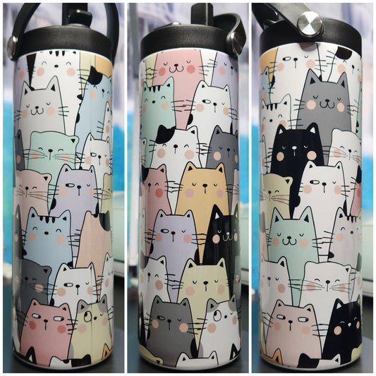 Three views of a water bottle with cat pattern design.