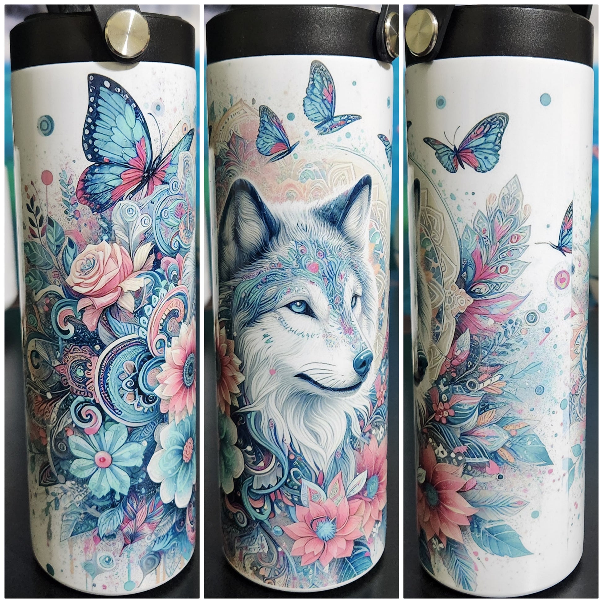 blue and pink butterflies and flowers surrounding a wolf