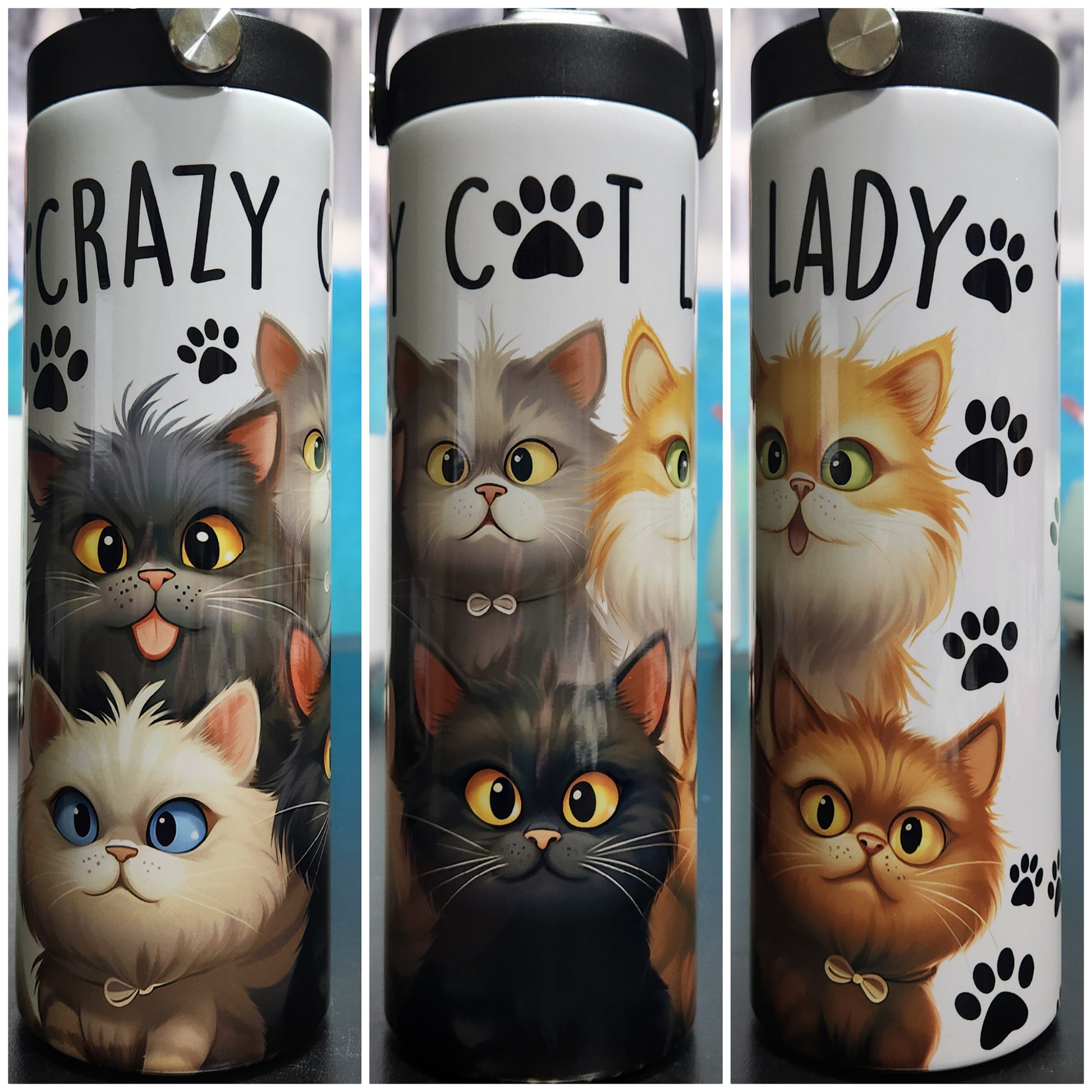 crazy cat lady 20oz tumbler with gray cat, brown cat, paw-prints, yellow cat, white cat, and black cat and some have bowties