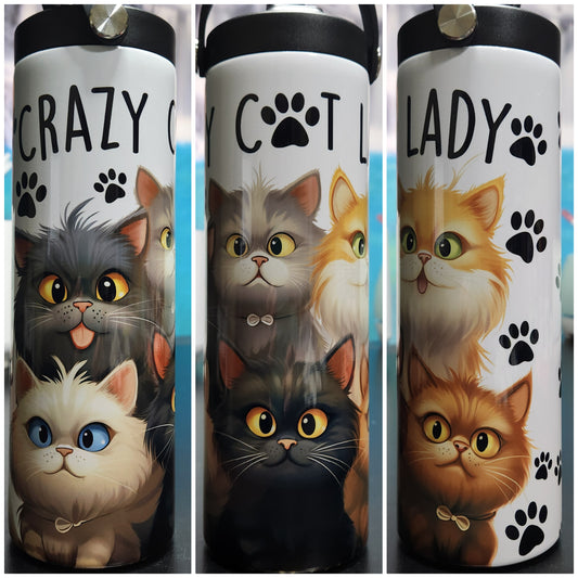 crazy cat lady 20oz tumbler with gray cat, brown cat, paw-prints, yellow cat, white cat, and black cat and some have bowties