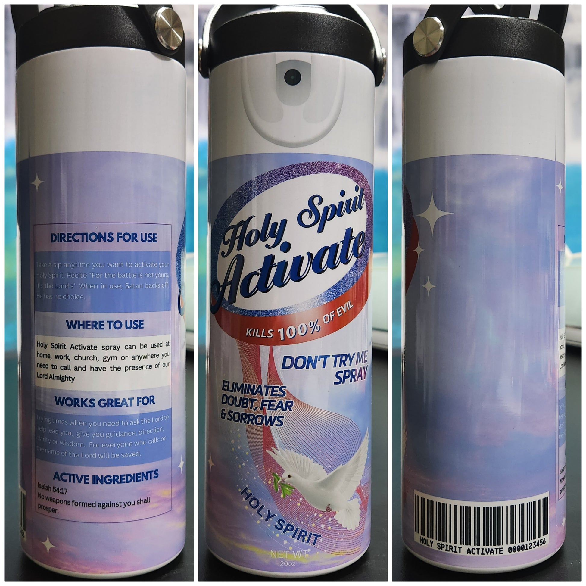 holy spirit activate 20oz tumbler - don't try me spray - kills 100 % of evil - eliminates doubts and sorrows (backed by scriptures)