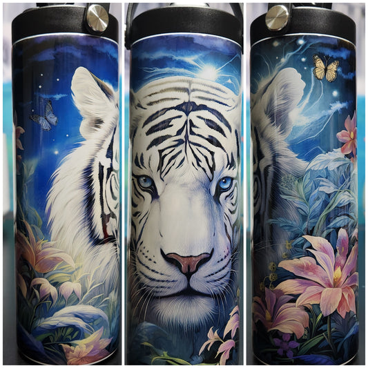 white tiger in the moonlight with butterflies and pink flowers