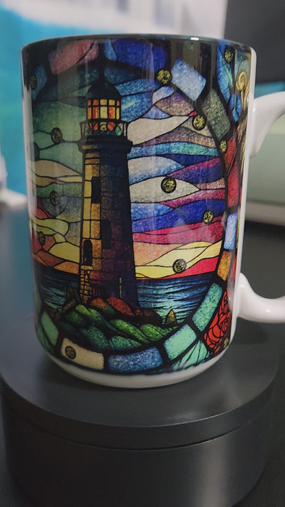 stained glass lighthouse and ship window large 15oz sublimated mug