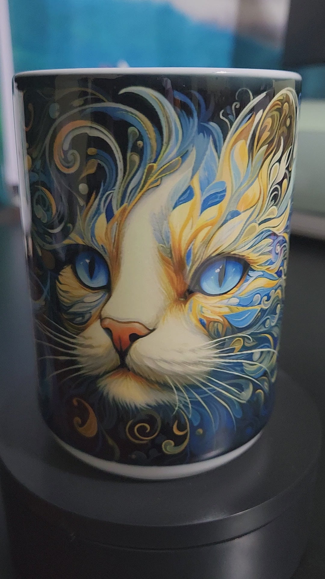 3d abstract orange and blue cat large 15oz sublimated mug