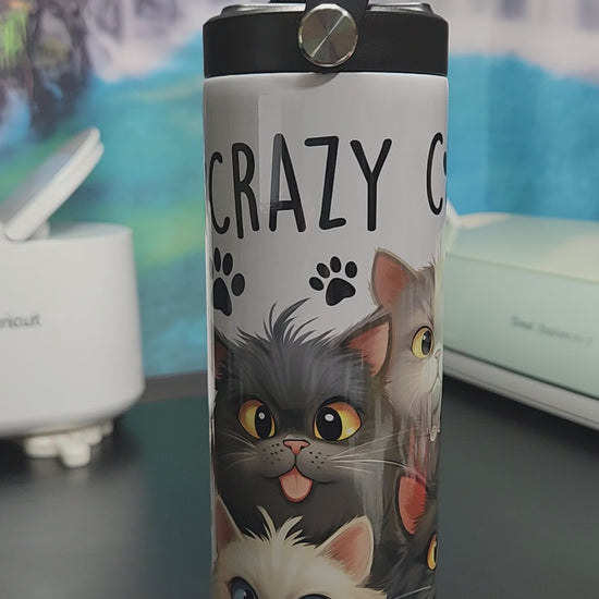 crazy cat lady 20oz tumbler with gray cat, brown cat, paw-prints, yellow cat, white cat, and black cat and some have bowties