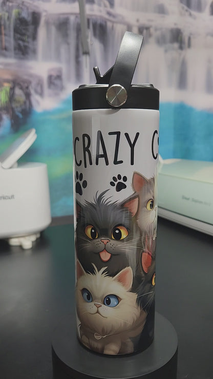 crazy cat lady 20oz tumbler with gray cat, brown cat, paw-prints, yellow cat, white cat, and black cat and some have bowties