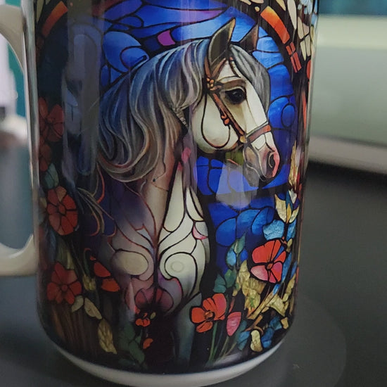 White horse on a stained glass window sublimated 15oz mug