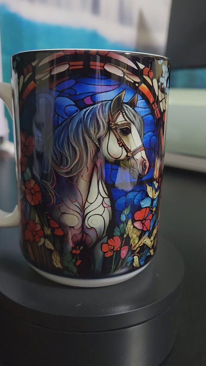 White horse on a stained glass window sublimated 15oz mug