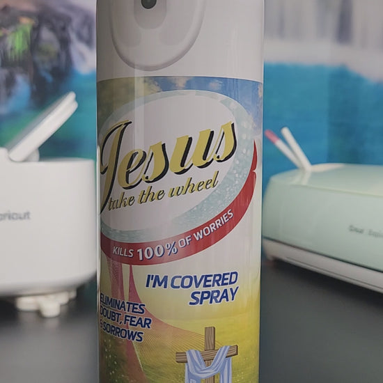 Jesus take the wheel - kills 100% of worries - I'm covered spray - eliminates doubt, fear, and sorrows
