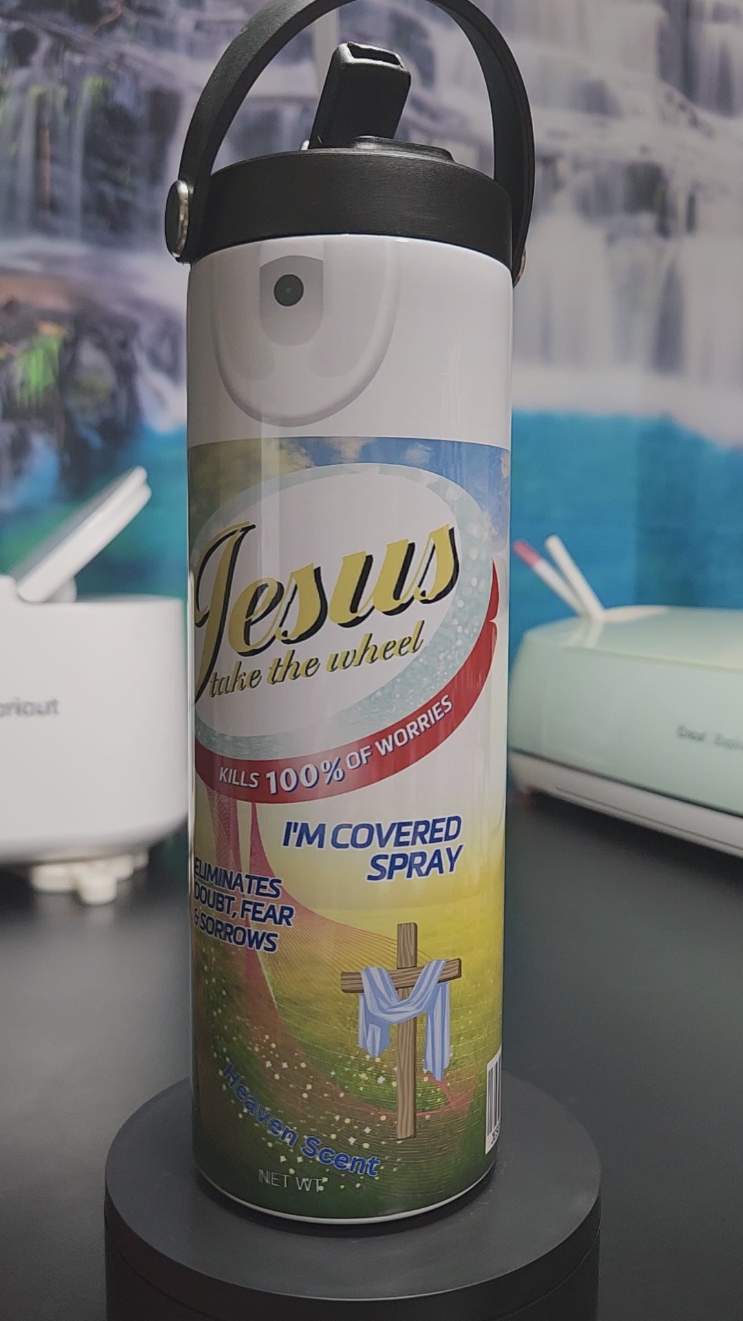 Jesus take the wheel - kills 100% of worries - I'm covered spray - eliminates doubt, fear, and sorrows