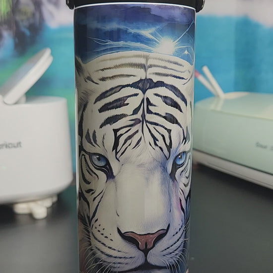 white tiger in the moonlight with butterflies and pink flowers