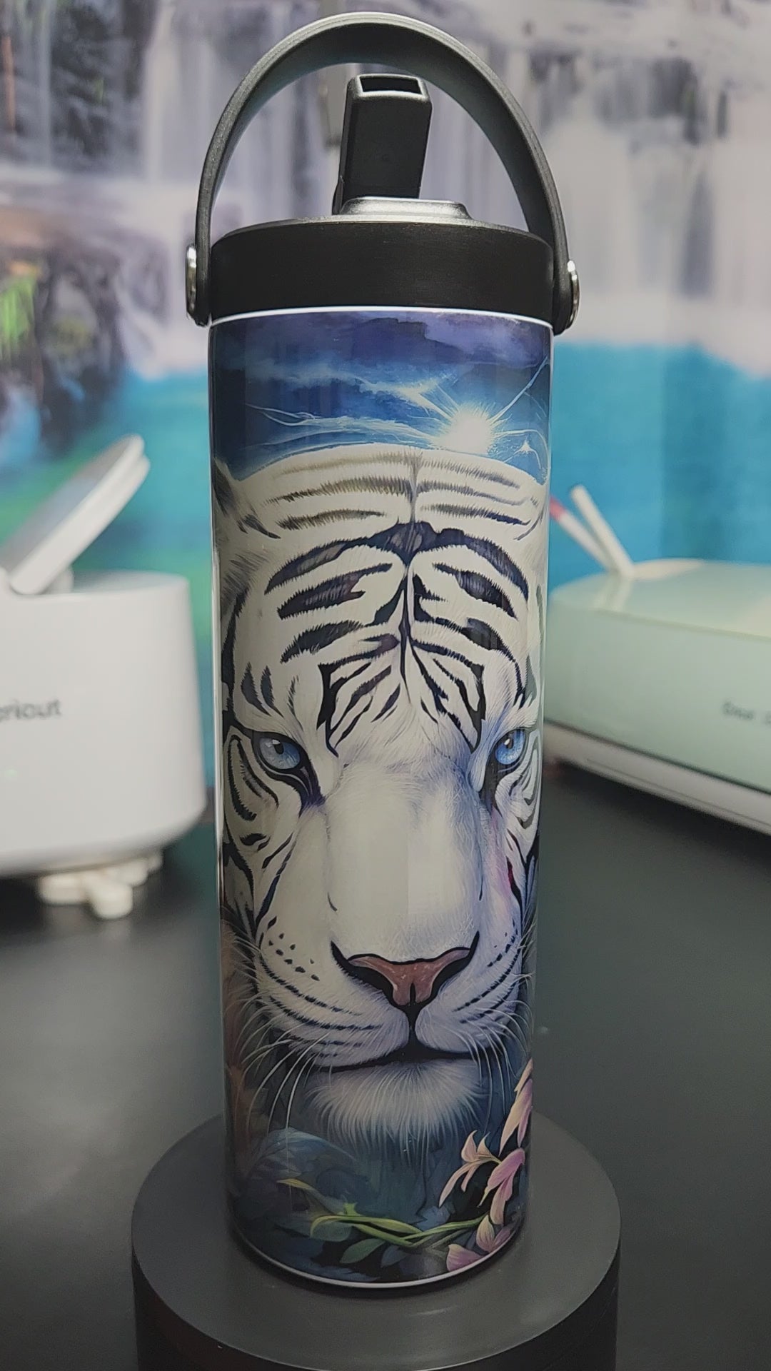 white tiger in the moonlight with butterflies and pink flowers