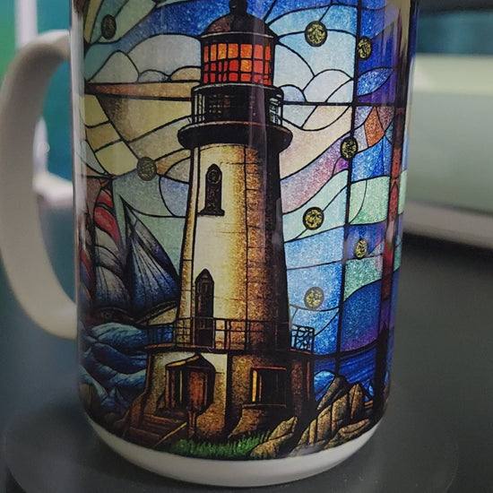 stained glass lighthouse window large 15oz sublimated mug