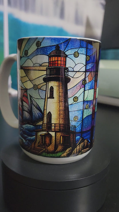 stained glass lighthouse window large 15oz sublimated mug
